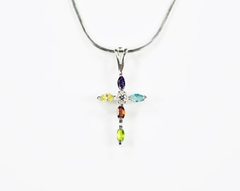 Solid 925 sterling silver snake Chain and jewelled Cross pendant necklace