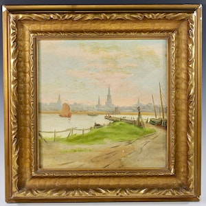 Amsterdam Antique 19th century oil on board painting signed verso J.U.K