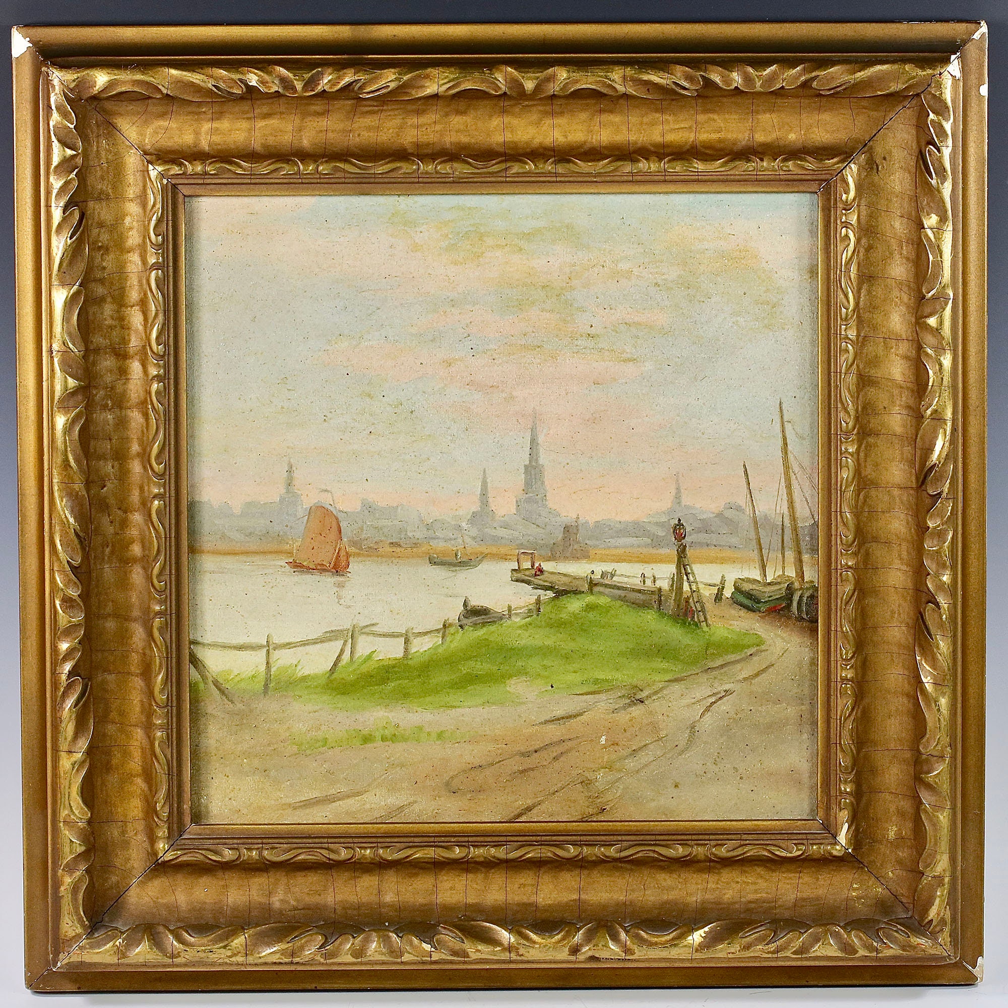 Amsterdam Antique 19th century oil on board painting signed verso J.U.K
