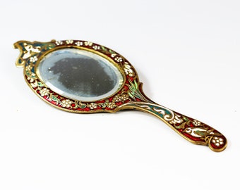 Antique French hand Mirror enamelled bronze, champleve, cloisonné vanity mirror, dressing table decoration,  beauty accessories