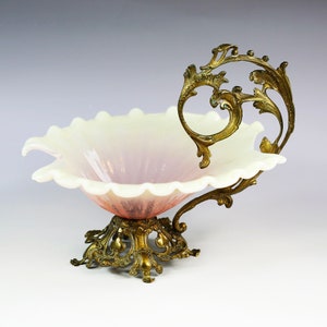 19th century Victorian Cranberry, Vaseline & Opalescent glass Bowl set into ormolu mounts