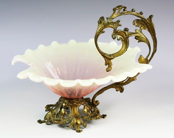 19th century Victorian Cranberry, Vaseline & Opalescent glass Bowl set into ormolu mounts