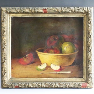 Antieke Canadese olieverf op doek Schilderij Stilleven oude stijl fruit op tafel