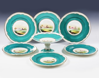 Antique 1850' Copeland Spode porcelain 7pc Dessert Set hand painted Plates and Compote