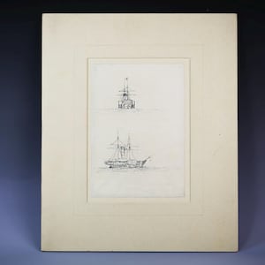 Disegno nautico antico originale 20 x 14 cm Veliero Goletta in mare barca a vela
