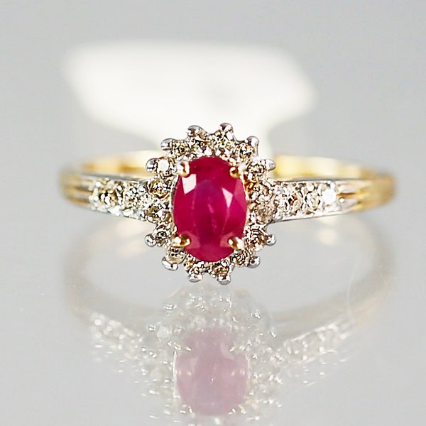 Vintage oval Ruby and Diamond Halo Ring 10K solid yellow Gold, size 5.5