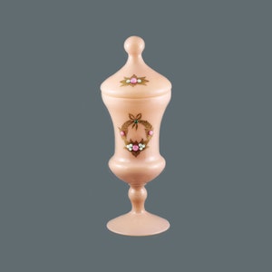 Antique French jeweled peachy pink opaline glass lidded Jar or Box