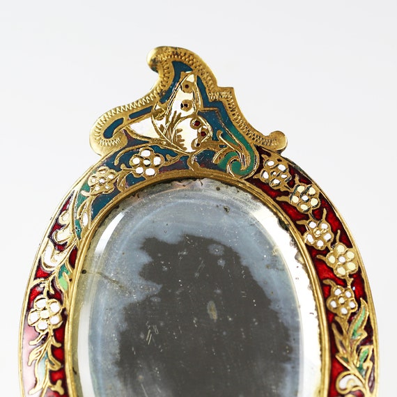 Antique French Hand Mirror: Enamelled Bronze Champlevé Vanity