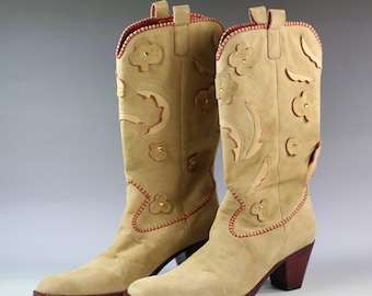 Handmade Italian Suede Western Boots: Floral Applique, US Size 9