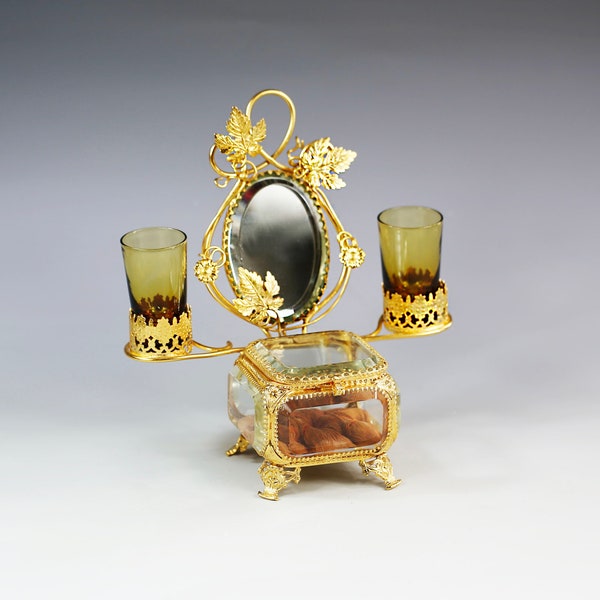 Wonderful Antique French Napoleon III clear crystal Glass Trinket or Jewelry Box in ormolu mounts, Vanity stand with mirror