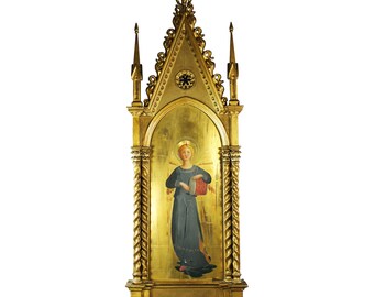 XL Antique Italian hand painted gold on wood Angel housed in carved  wood Florentine gilded gothic Frame