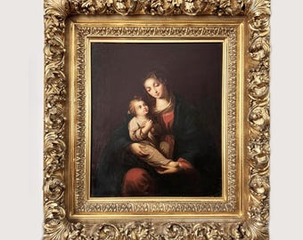 Antique Oil Painting: Virgin and Child after Murillo, Spanish Home Decor