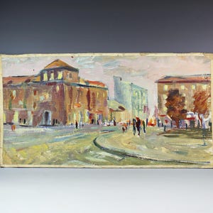 Pintura al óleo sobre cartón vintage de los años 70, obra de arte pintada a mano: paisaje urbano