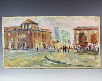 Vintage 1970' oil on cardboard Painting Hand Painted Artwork - Cityscape