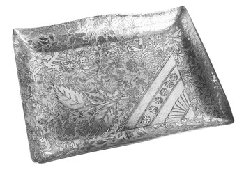 Antik Meriden fyrdubbel silverpläterad rektangulär skål, handsnidad blommönster