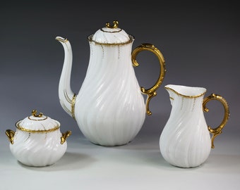 Antique c.1900&#39;s, France Tea Set Sarreguemines Louis XV White Gilt Porcelain Tea Pot, Creamer & Sugar Bowl