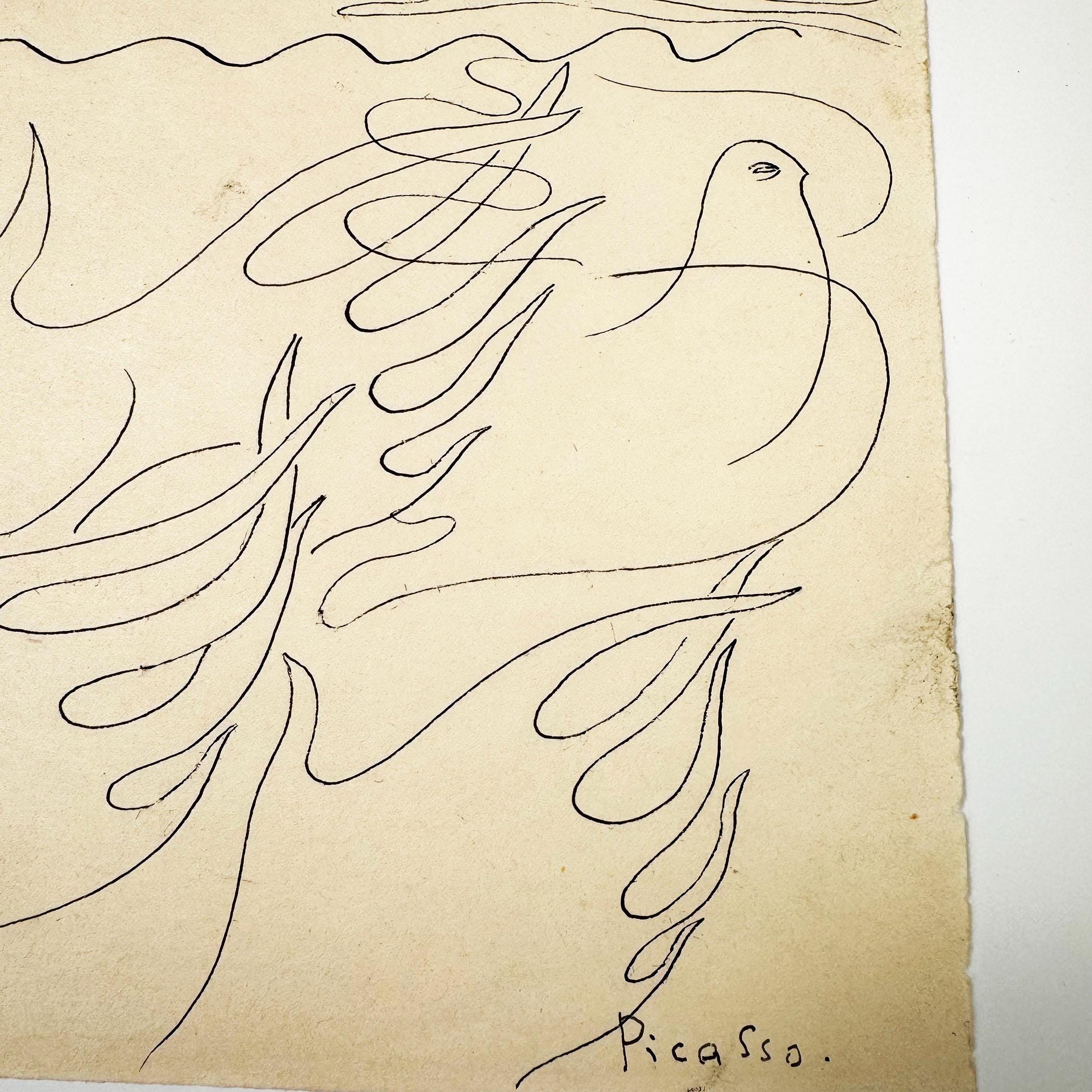 Vintage Surrealist Ink Drawing Figure and Pigeon Signed, Attributed to ...