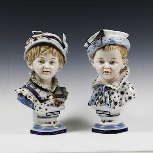 Antique KPM Berlin Germany porcelain figurines of Boy and Girl in white and blue