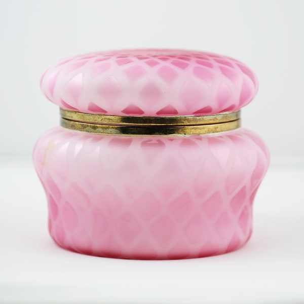Vintage XL hinged Box hand blown Satin Glass Mother Pearl Pink Diamond Quilted, Trinket Box, Jewelry Box, Home Decor