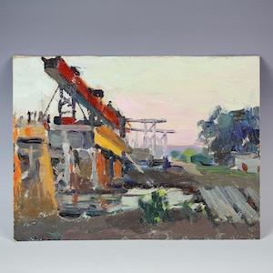 Óleo vintage sobre papelão duro Pintura, Pintura à mão Arte Acampamento de mina de carvão