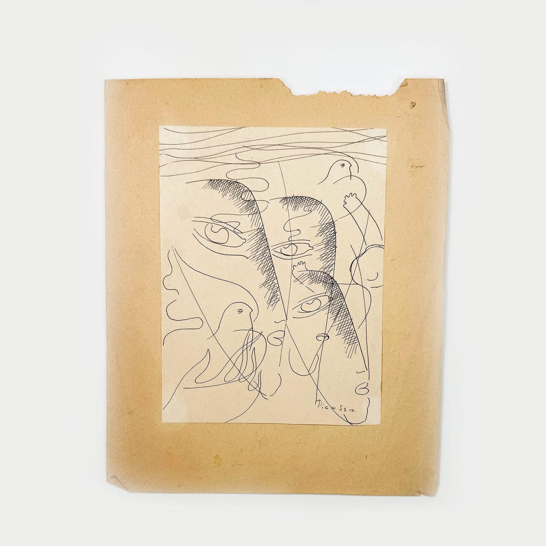 Vintage Surrealist Ink Drawing Faces and Pigeons Signed, Attributed to ...