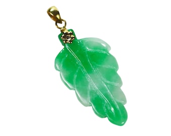 14k solid Gold genuine Natural green Jade Jadeite carved Leaf Pendant
