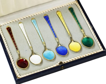 Colheres vintage Egon Lauridsen Esmalte Demitasse: conjunto de prata esterlina lavada com ouro