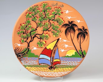 Plato de recuerdo de cerámica pintado a mano con arte del océano tropical vintage de Puerto Plata