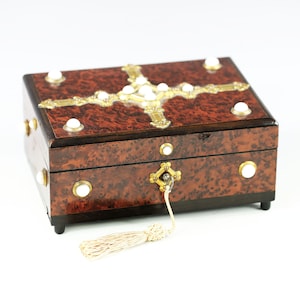 Fine antique French burl wood Trinket, Jewelry hinged Box, working lock, glass beads and brass decor