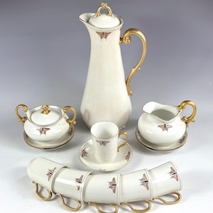 Art Nouveau Coffee Service, Signed F. Cunningham, Antique Limoges Porcelain Chocolate Set: