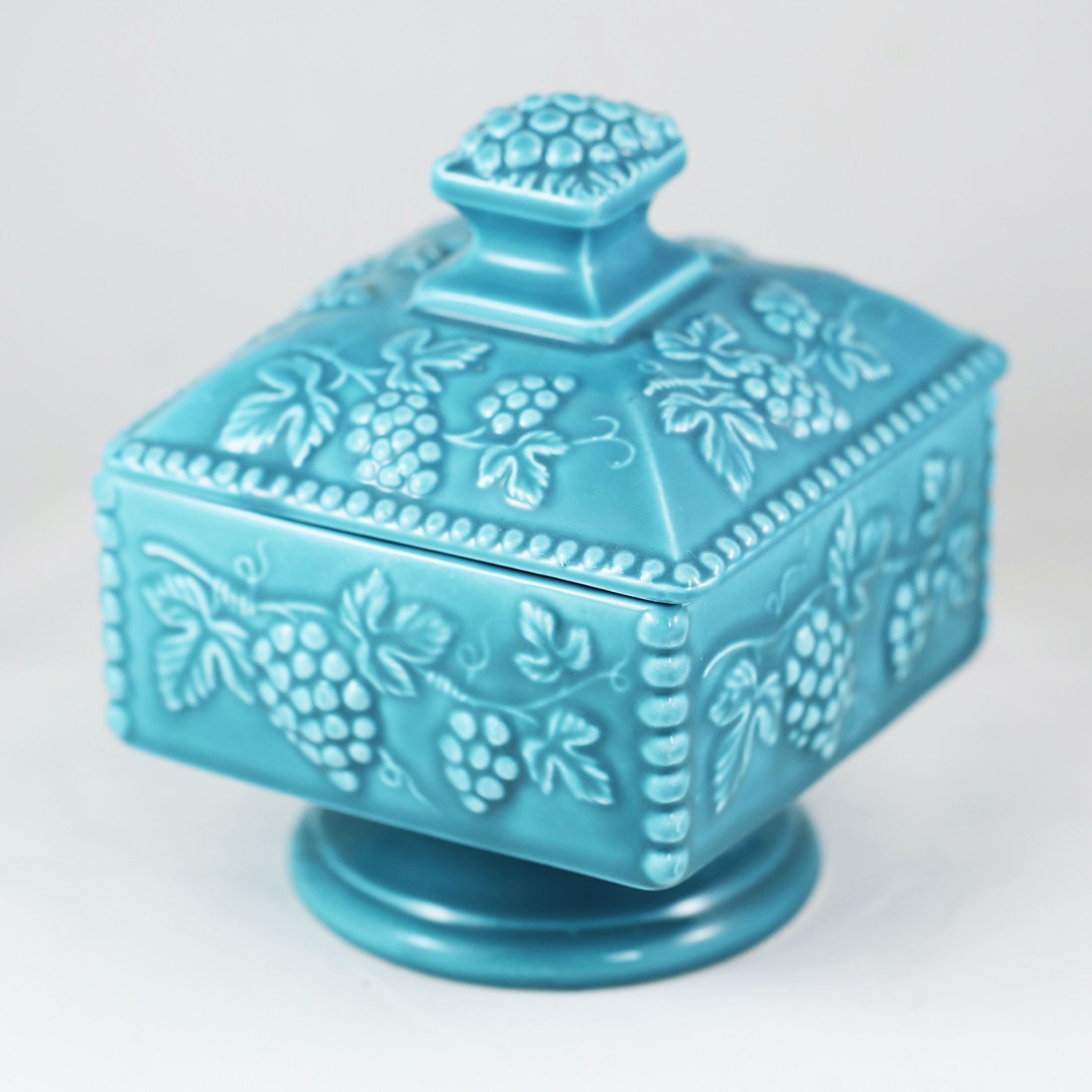 Vintage Japan Porcelain Candy Box: Turquoise Lidded Nut Dish With Grape ...