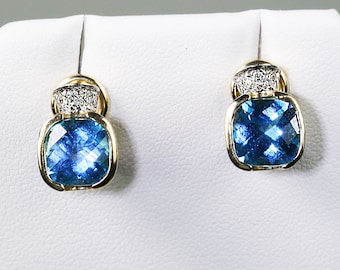 May include: A pair of gold earrings with blue topaz gemstones and diamond accents.