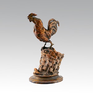 Antique French bronze figurine of Rooster on Basket signed A.Cain