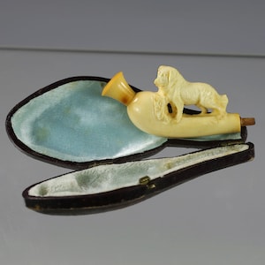 Rare Antique Meerschaum Hand Carved Dog Tobacco Pipe in original case