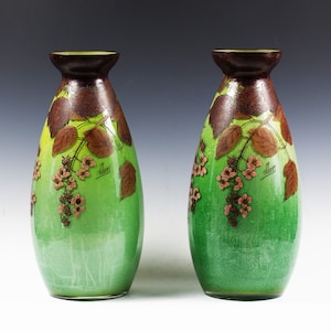 14&quot;H Pair Antique Art Nouveau period French green art glass Vases hand painted and signed by artist