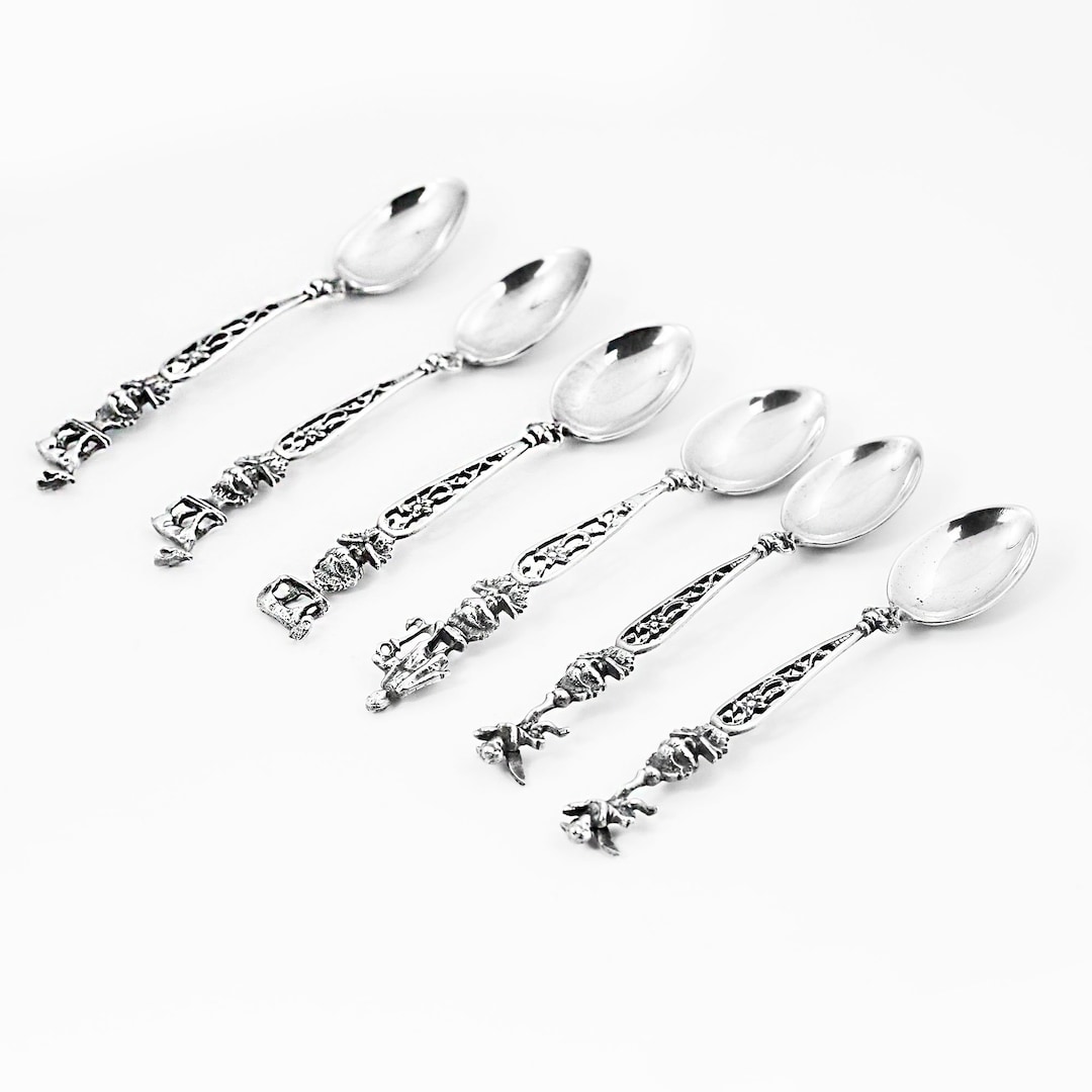 Set of 6 Antique German .800 Silver Tea Spoons With Figural