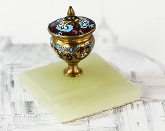 Antique French desk top Inkwell bronze champleve cloisonné enamelwork with glass insert