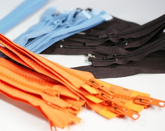 Lot 13pc of miscellanies YKK zippers, separated heavy duty Blue, separating Brown and Vislon Molded Plastic Separating Orange zippers