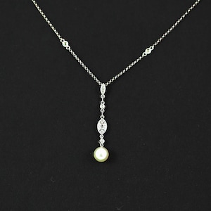 Made in Italy solid 14K white gold Necklace, Chain with two diamonds and Pendant set with Pearl and Diamonds