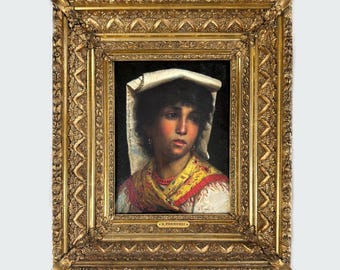 Antique Oil Painting: Girl in Shawl by Stanislao Ferrazzi, Italian Art