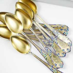 Antique set of 12 Tea Spoons 925 Enamelled Sterling silver gold washed, Wedding, Tea Party, Bridal Shower