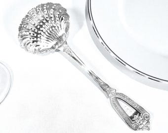 May include: A silver serving spoon with a shell-shaped bowl and ornate handle. The spoon is placed on a white surface next to a white plate with a silver rim. The spoon's handle has a decorative floral design.