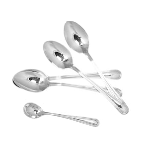 May include: A collection of four silver-toned metal spoons of varying sizes arranged in a cluster. The set includes three larger spoons with oval bowls and one significantly smaller spoon, all featuring a smooth, reflective, polished finish.