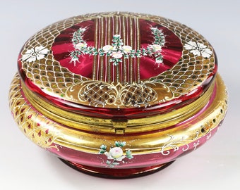 Lrg antique Bohemian enamelled Cranberry art glass trinket jewelry Box hinged