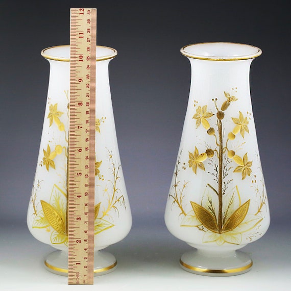Pair Antique Baccarat French White Opaline Glass Vases Floral Gold
