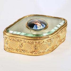 Antique French trinket or jewelry Box gilded ormolu with porcelain miniature on lid