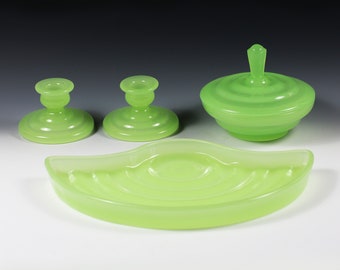 Art Deco French chartreuse opaline glass Vanity set consist of Tray, Powder Box & 2 Candleholders