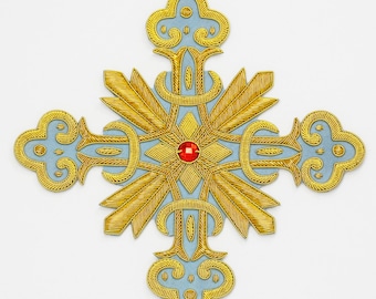 7&quot; gold metallic bullion hand embroidered on blue background Appliqué Patch Religious Cross