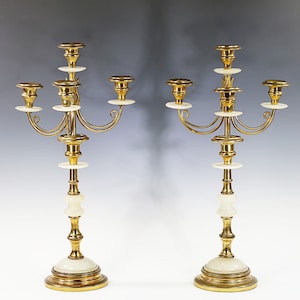 Rare Antique French Pair of gilded bronze and alabaster glass Candelabras, Candle holder, Candle stick