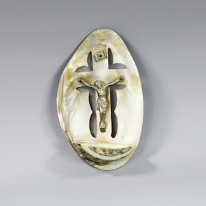 Antique French sea shell Christian Holy water font Jesus Christ figurine